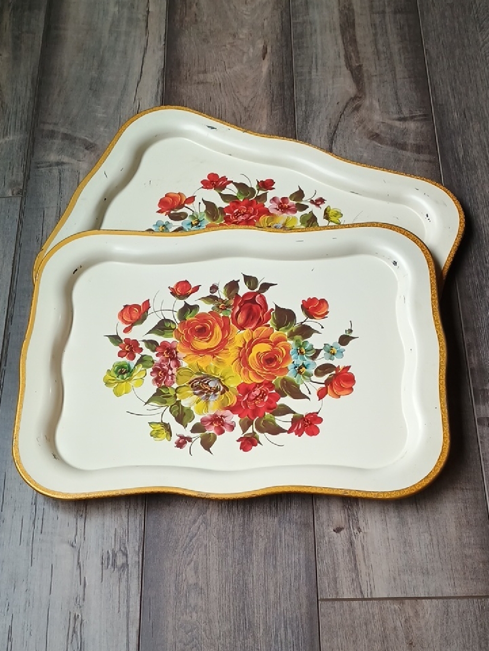 Vintage White Metal Trays with Yellow and Red Floral Bouquet